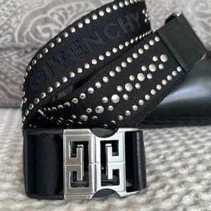 Givenchy buckled studded web belt , with silvertone stud embellshment Signature